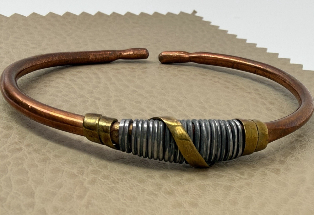 Copper Brass Silver Tone Mixed Metal Wire Wrapped Bracelet Artisan Industrial